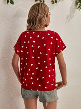 Heart Print Notched Neck Batwing Sleeve Blouse